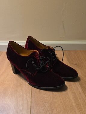 Velvet Lace-Up Block Heels in Burgundy